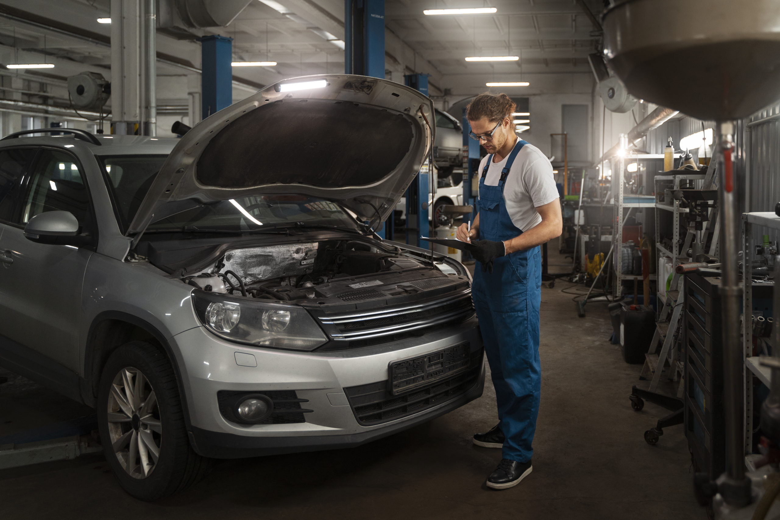 Male mechanic working on a car in the repair shop